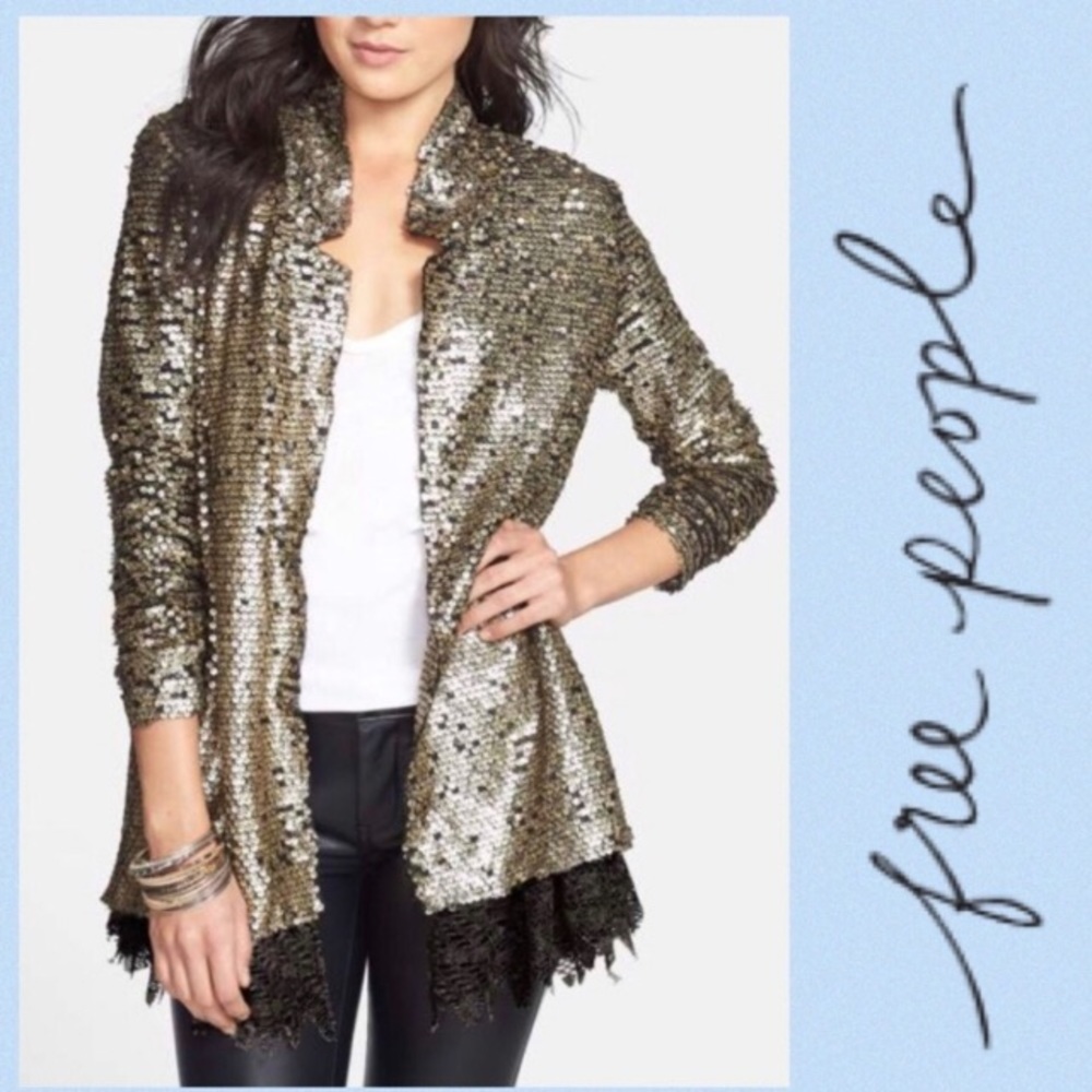 Free People Stardust Gold Sequin and Lace Jacket S